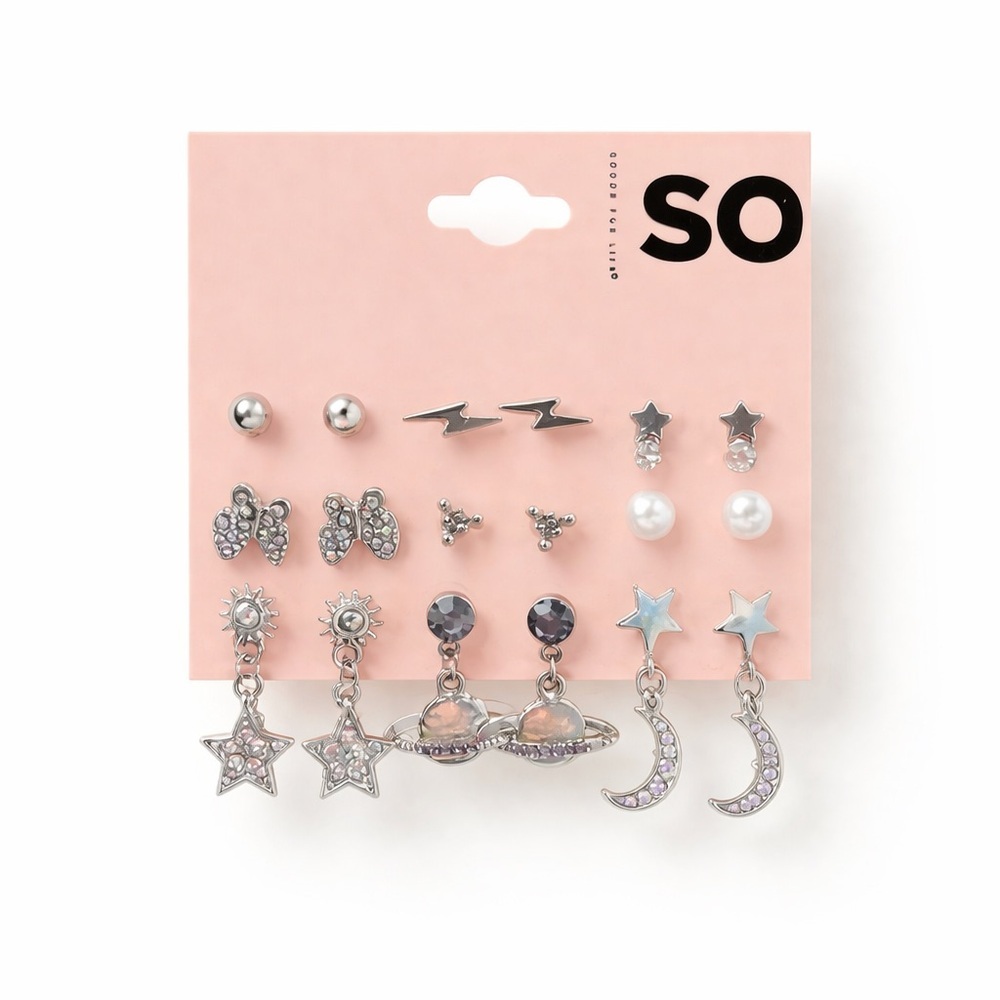 SO Silver Tone Multi Pair Earrings Stars Moon Butterfly Lightning Studs Dangle